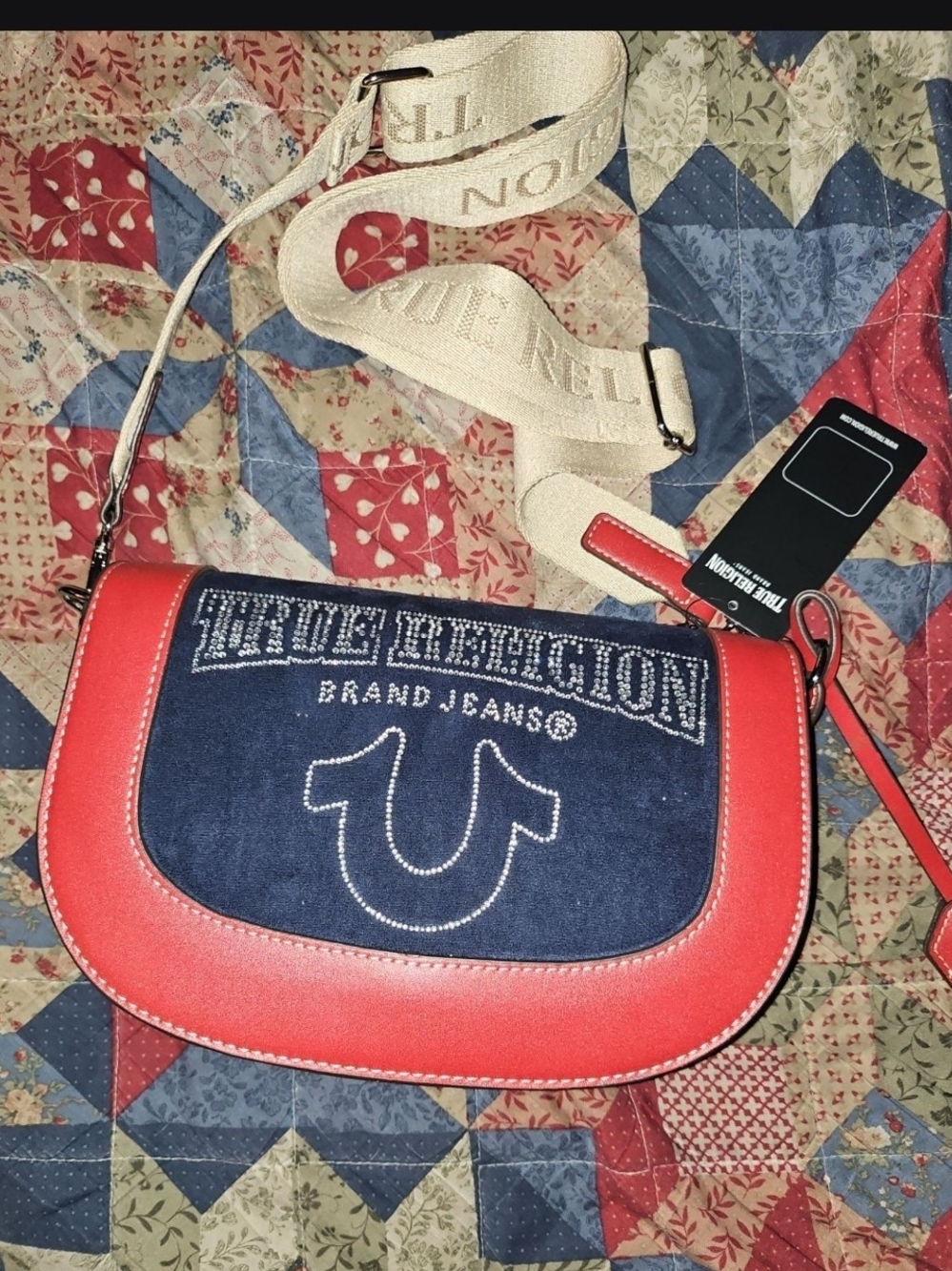 True Religion Red and Navy Crossbody Saddle Bag with Branded Strap